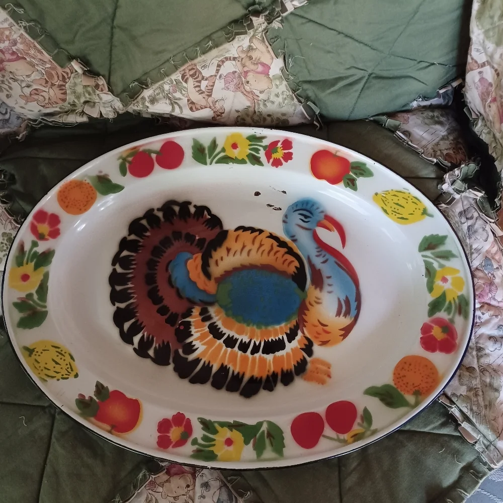 Vintage large enamel turkey tray, serving tray fall decorations